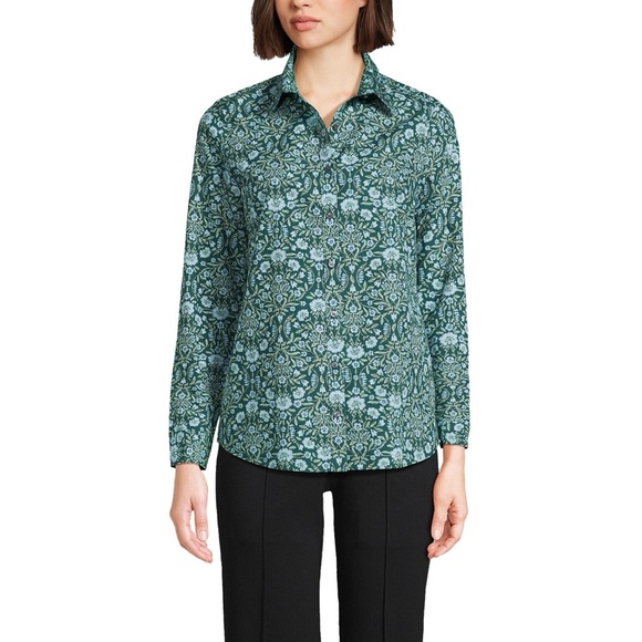 Lands' End Tops - Lands’ End Petite 16P Button Shirt Balsam Green Floral No Iron Long Sleeve Shirt